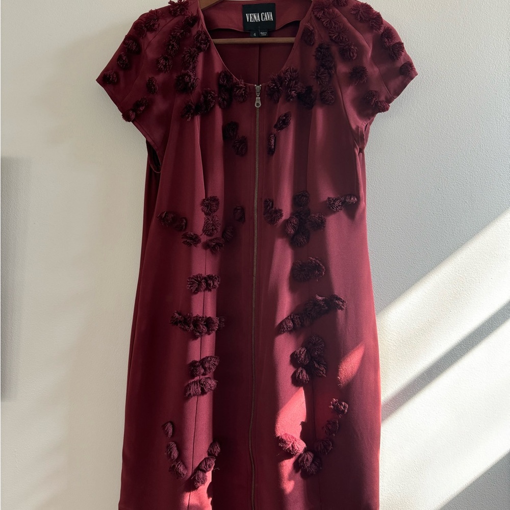 Vena Cava Burgundy Dress with Pom Pom Details and Zipper
